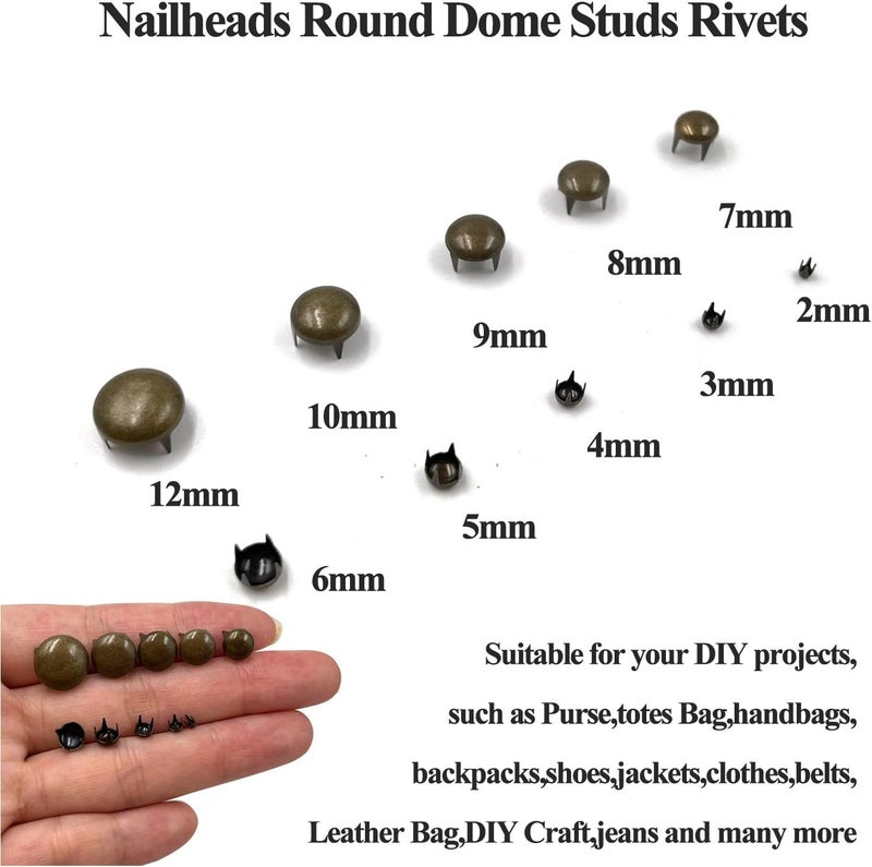 honigo 200pcs Nailheads Dome Studs Rivets Bronze Metal Solid Brass 2/3/4/5/6/7/8/9/10/12mm 4 Prongs Spikes Spots for Leather Craft Clothes Belt Bag Shoes Decorations Totes DIY Craft - Image 3